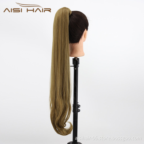 Aisi Hair Vendor Wholesale Long Straight Curly Wave End Magic Paste Brown Ponytail Drawstring Synthetic Ponytail Hair Extension